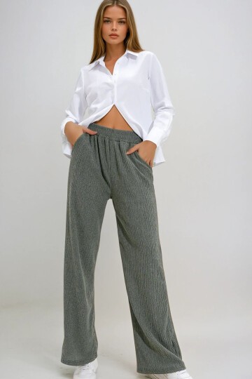 Haki Yüksek Bel Lastikli Wide Leg Pantolon