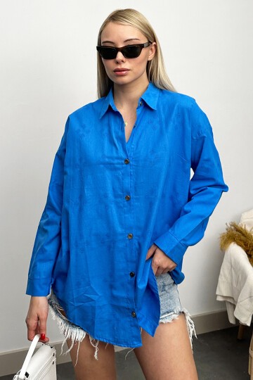 Havacı Mavi Motifli Oversize Keten Gömlek