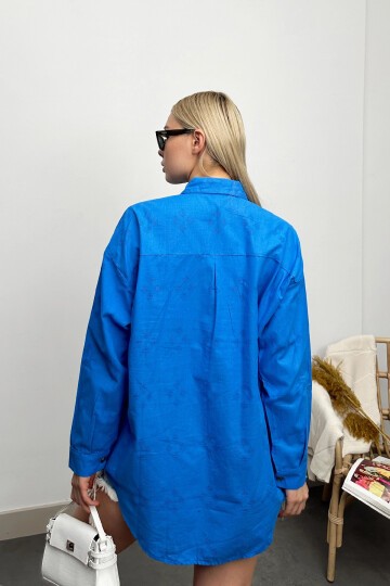 Havacı Mavi Motifli Oversize Keten Gömlek