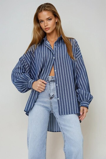 Lacivert Çizgili Oversize Poplin Gömlek