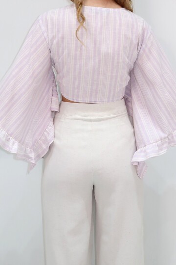 Lila Kolları Fırfırlı Poplin Crop Dokuma Bluz