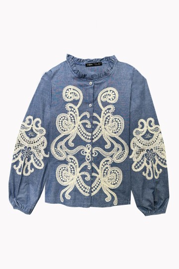 Mavi Nakışlı Denim Gömlek