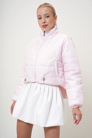 Pembe Dik Yaka Çift Cepli Beli Lastikli Şişme Puffer Mont