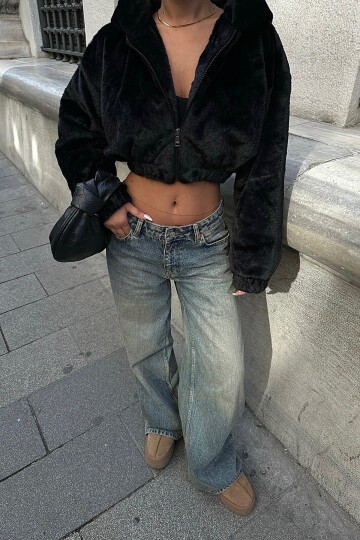 Siyah Crop Peluş Kürk Ceket