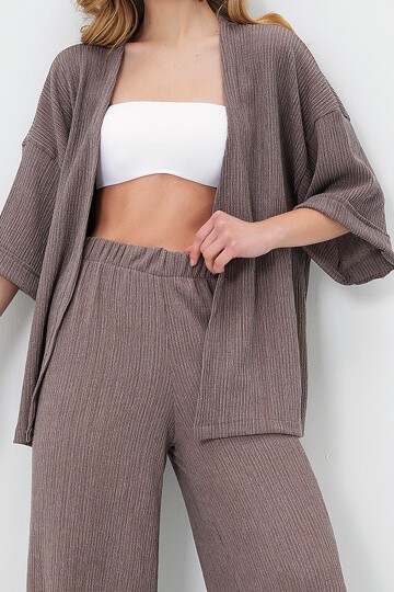Vizon Duble Kol Bürümcük Kumaş Yazlık Kimono Ve Pantolon Takım