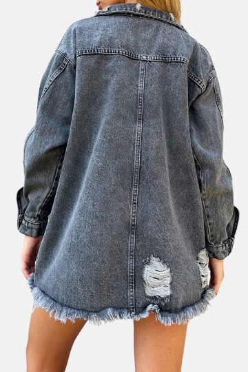 Antrasit Çift Cepli Eskitmeli Oversize Jean Ceket