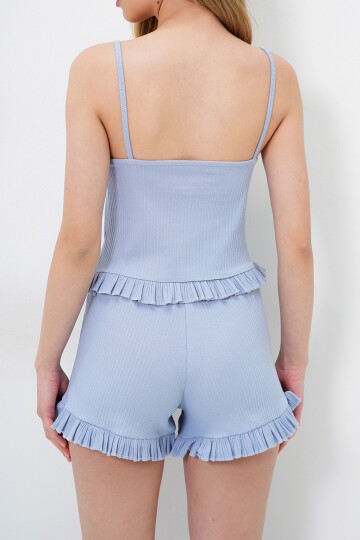Bebe Mavi Beli Ve Paçası Fırfır Detaylı Askılı Crop Bluz Ve Şortlu Pijama Takımı