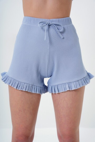 Bebe Mavi Beli Ve Paçası Fırfır Detaylı Askılı Crop Bluz Ve Şortlu Pijama Takımı