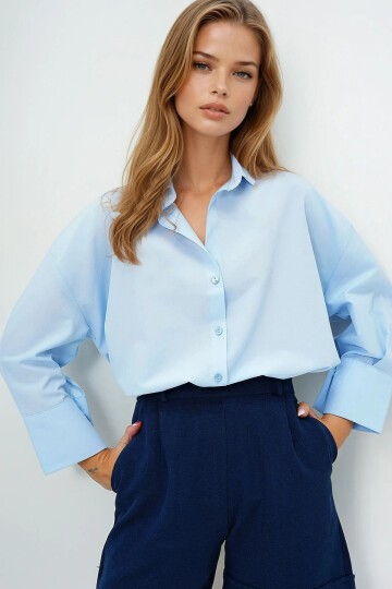 Bebe Mavi Geniş Manşetli Oversize Poplin Gömlek