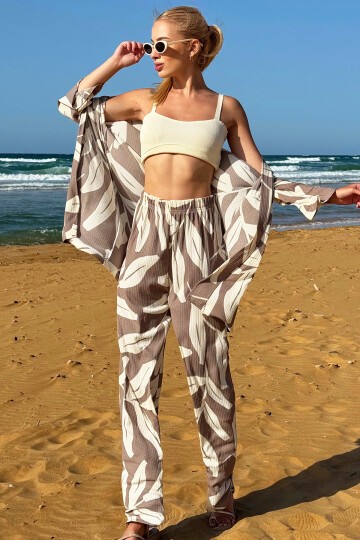Bej Desenli Kimono Takım