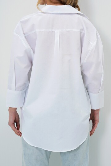 Beyaz Geniş Manşetli Oversize Poplin Gömlek