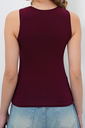 Bordo Beyaz 2Li Paket Bisiklet Yaka Kolsuz Bluz