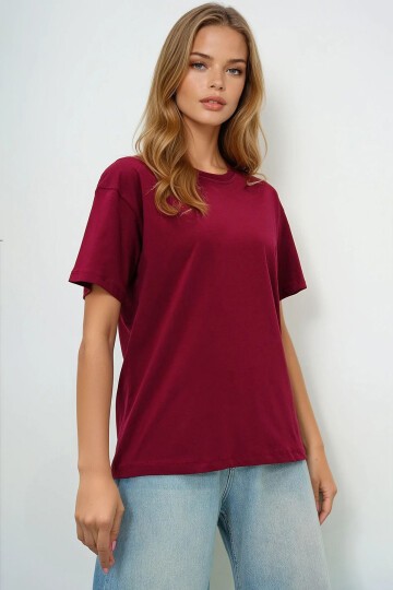 Bordo Bisiklet Yaka Basic T Shırt