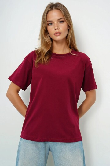 Bordo Bisiklet Yaka Basic T Shırt