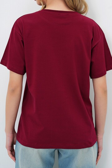 Bordo Bisiklet Yaka Basic T Shırt