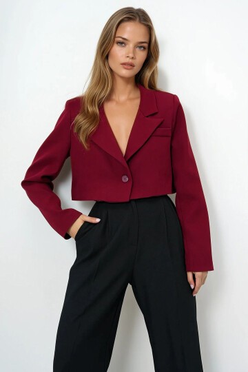 Bordo Düğmeli Crop Ceket