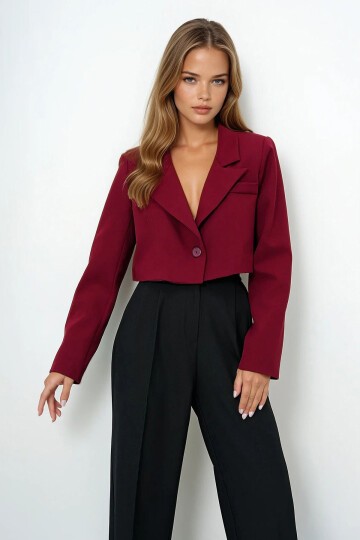 Bordo Düğmeli Crop Ceket