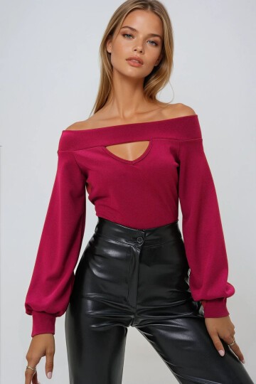 Bordo Madonna Yaka Cut Out Detaylı Örme Bluz