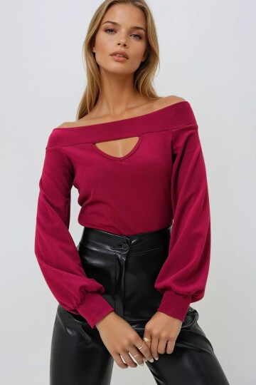 Bordo Madonna Yaka Cut Out Detaylı Örme Bluz