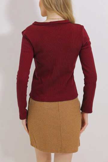 Bordo V Yaka Düğme Detaylı Fitilli Örme Hırka