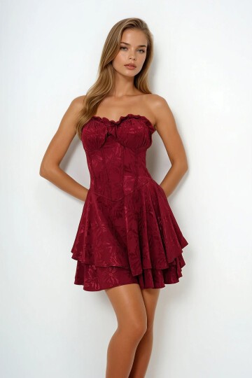 Bordo Volanlı Şortlu Mini Elbise