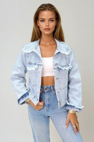 Buz Mavi Püskül Detaylı Crop Denim Ceket