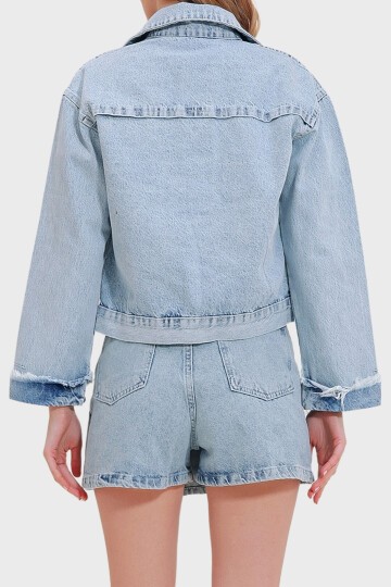 Buz Mavi Püskül Detaylı Crop Denim Ceket