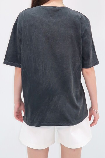 Gri Bisiklet Yaka Dijital Baskılı Yıkamalı Oversize T Shirt