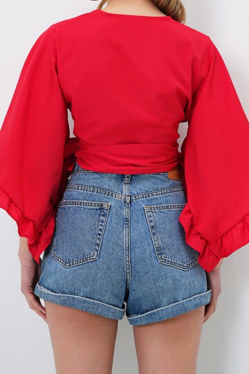 Kırmızı Kolları Fırfırlı Poplin  Crop Dokuma Bluz