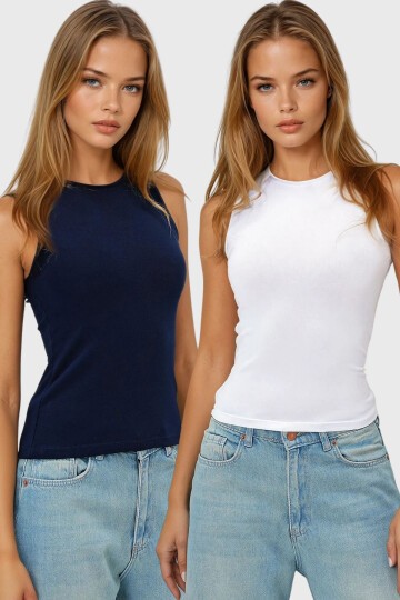 Lacivert Beyaz 2Li Paket Bisiklet Yaka Kolsuz Bluz