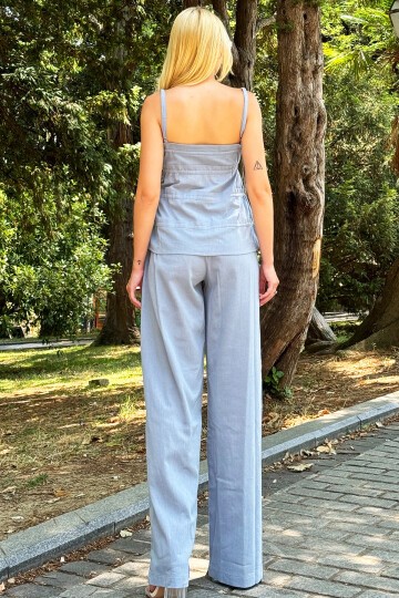 Mavi Askılı Bağcık Detaylı Bluz Ve Pantolon Takım