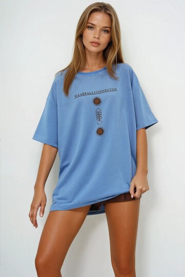 Mavi Bisiklet Yaka Baskılı Oversize Unisex T Shirt