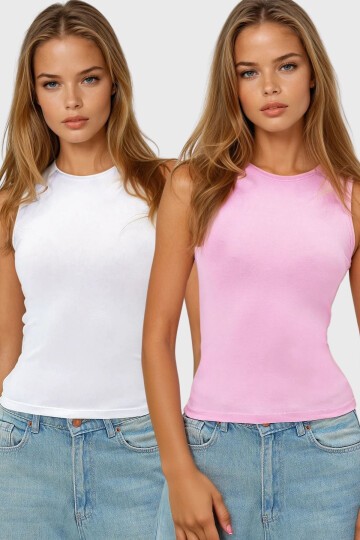 Pembe Beyaz 2Li Paket Bisiklet Yaka Kolsuz Bluz