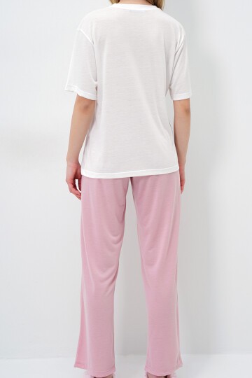 Pembe Bisiklet Yaka Baskılı T Shirt Ve Düz Renk Pantolonlu Pijama Takımı