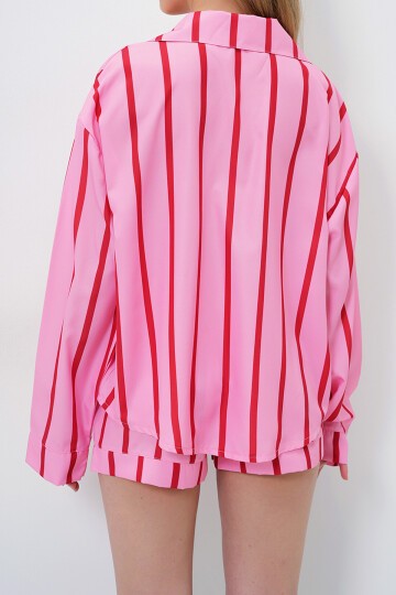 Pembe Bordo Duble Manşet Ve Paça Detaylı Dokuma Gömlek Ve Şortlu Pijama Takımı