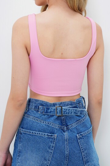 Pembe Likralı Kuş Gözlü Korse Formlu Crop Bluz
