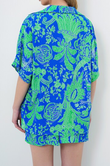 Saks Ceket Yaka Oversize Poplin Gömlek Ve Bağlamalı Şort Etek Takım