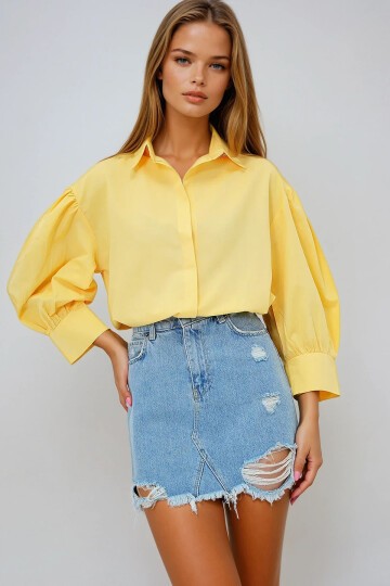 Sarı Balon Kol Gizli Patlı Basic Poplin Gömlek