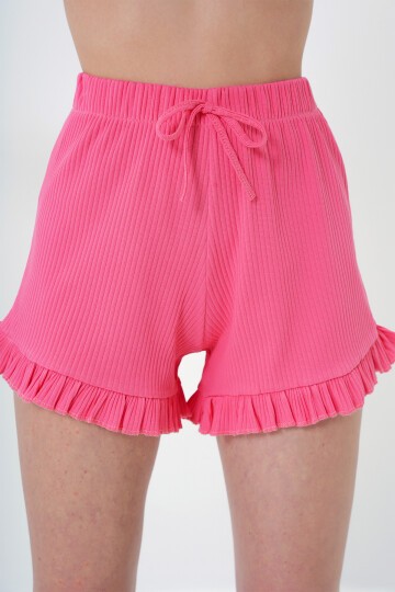 Şeker Pembe Beli Ve Paçası Fırfır Detaylı Askılı Crop Bluz Ve Şortlu Pijama Takımı