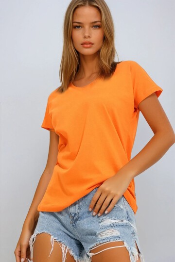 Turuncu V Yaka Basic T Shirt