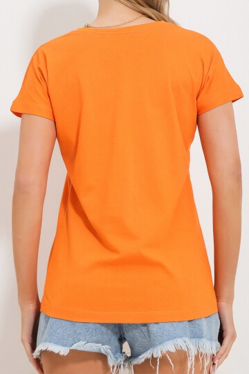 Turuncu V Yaka Basic T Shirt