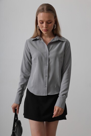 Gri Slim Fit Uzun Kol Basic Gömlek