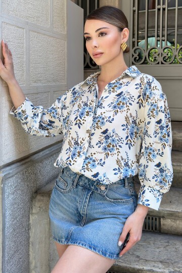 Bej Çiçek Desenli Oversize Gömlek