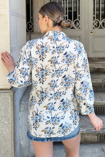 Bej Çiçek Desenli Oversize Gömlek
