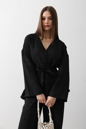 Siyah Beli Bağlamalı Tunik Ve Beli Bağlamalı Pantolon Takım