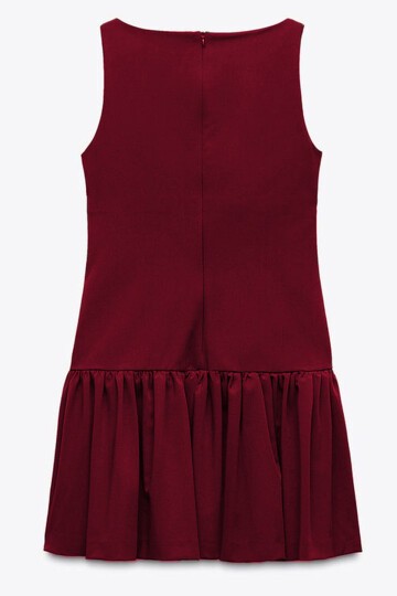Bordo Eteği Pileli Bağcık Detaylı Kolsuz Fermuarlı Mini Dokuma Elbise
