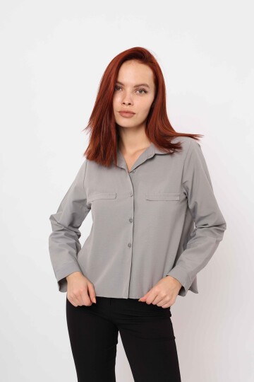 Gri Cep Detaylı Oversize Gömlek