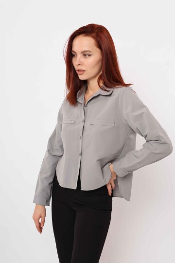 Gri Cep Detaylı Oversize Gömlek