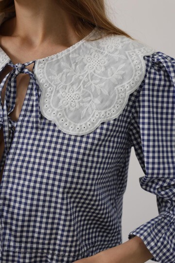 Lacivert Bağlama Detaylı Kolları Lastikli Bluz Ve Pantolon Takım