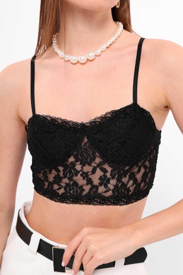 Siyah İp Askılı Dantelli Bralet
